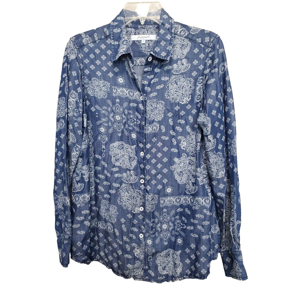 Foxcroft Tencel Lyocell Chambray Blue Paisley Button-Up Shirt Size 8